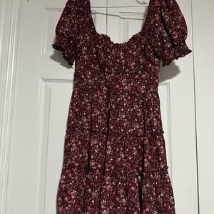 Altar'd State Maroon Floral Puff Sleeve Mini Dress
